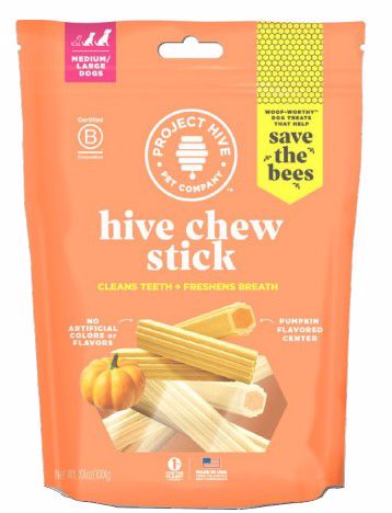 PROJECT HIVE 3.7 OZ MED LG DOG PUMPKIN HIVE CHEW STICKS TREAT GF