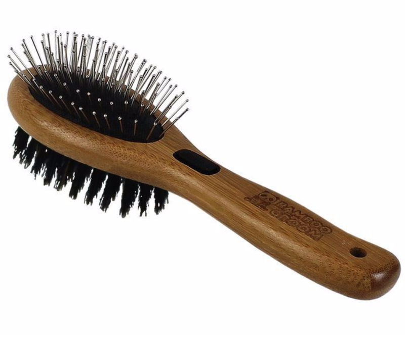 Bamboo Groom Combo Brush with Bristles and Stainless Steel Pins for Dogs