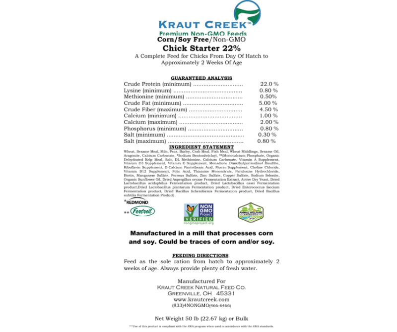 Kraut Creek Non Soy, Non Corn 22% Chick Starter 50lbs