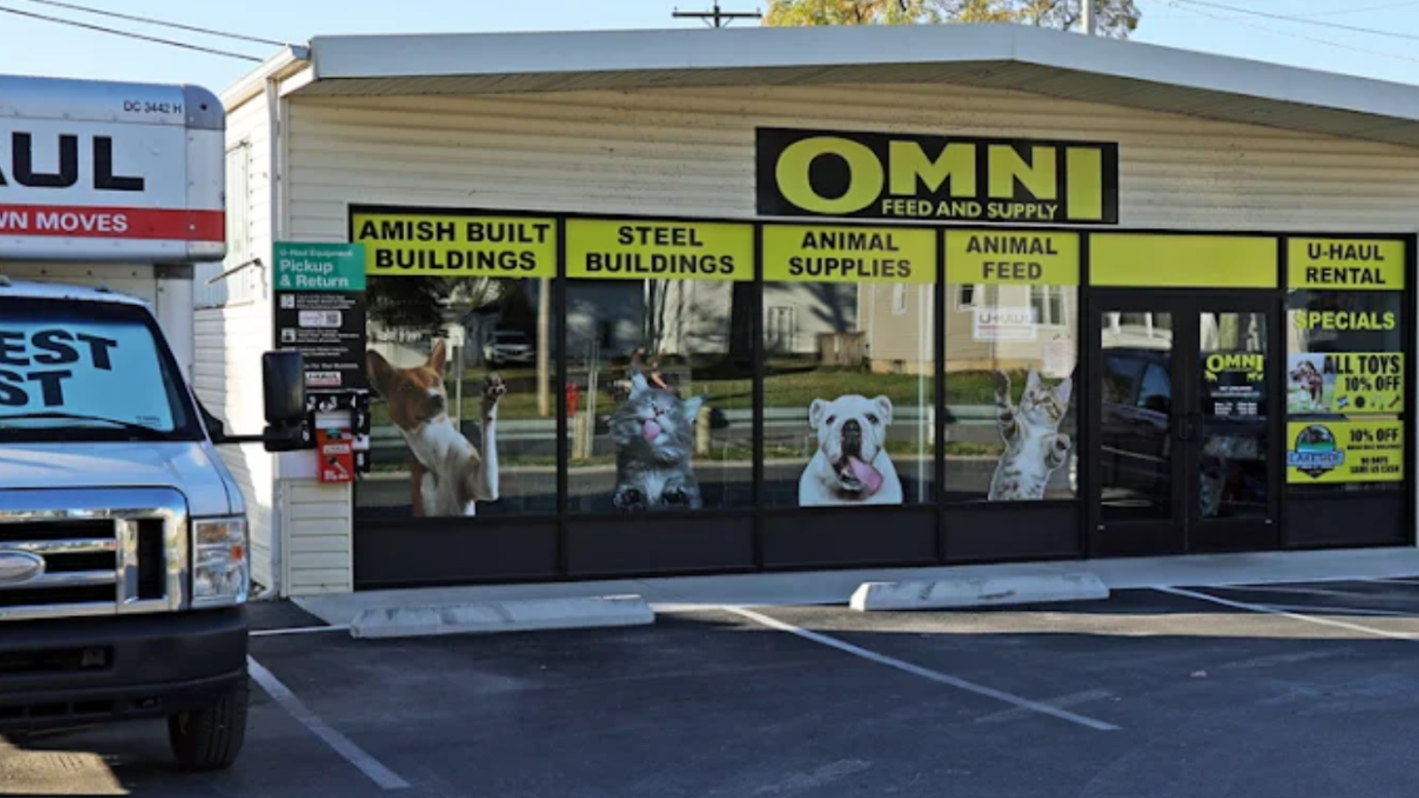 Exterior of Omni Feed and Supply storefront in Findlay, Ohio, showing animal feed and supply store.