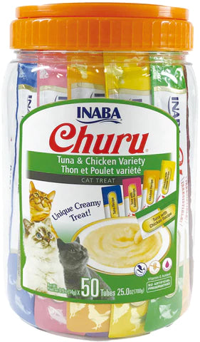 Inaba 25oz 50 Pack Tub Cat Churu Tuna & Chicken Variety Pack Treat